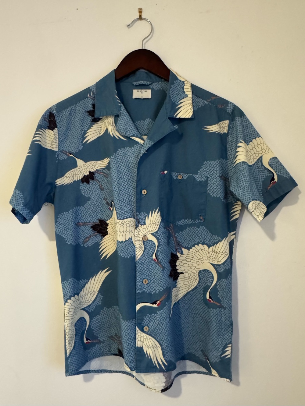 Percival Crane Cuban Collar Shirt Blue Men’s M